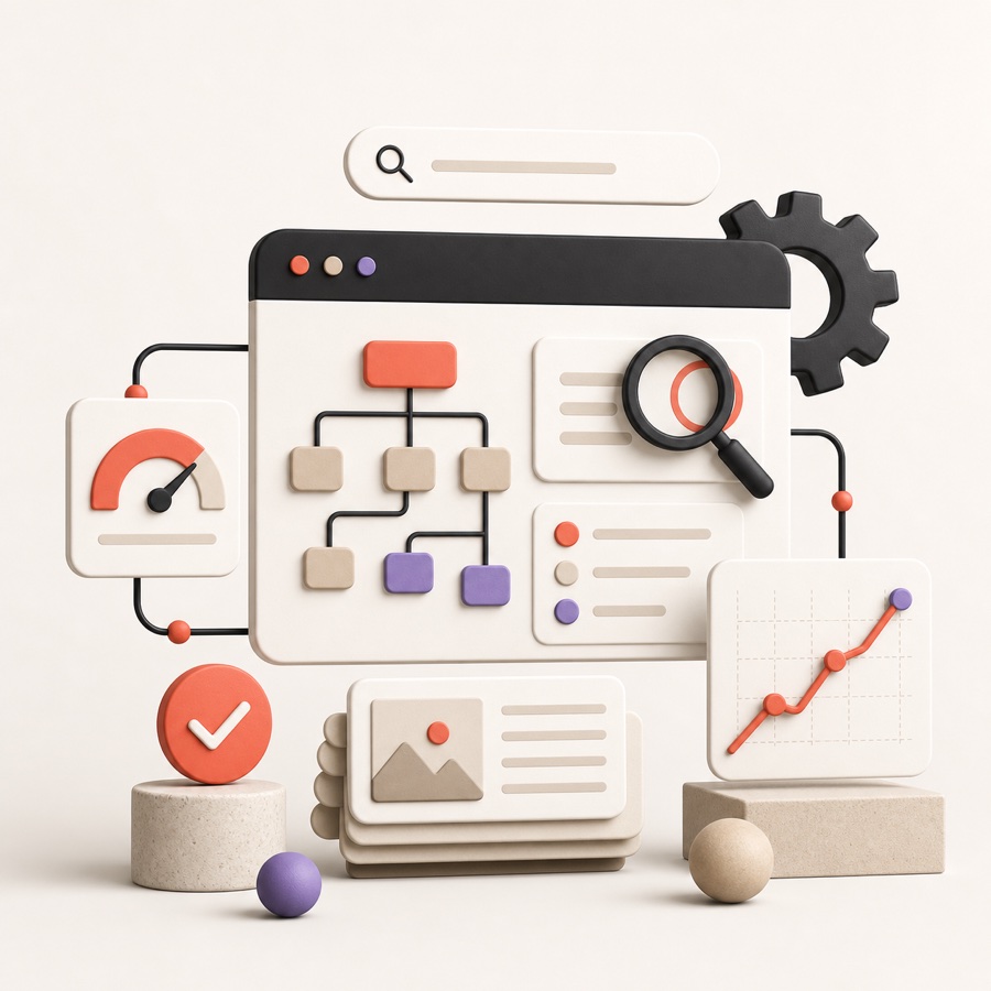 Ilustración de una auditoría SEO con arquitectura, rendimiento y visibilidad orgánica